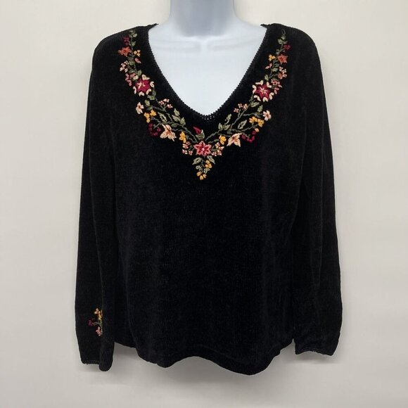 Vintage America Sweaters - Vintage Velvet Floral Embroidered Sweater V Neck Top Blouse Long Sleeve 90s Blac
